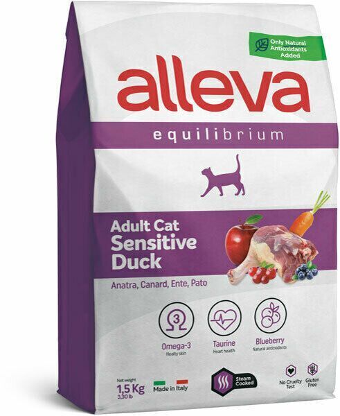 Сухой полнорационный корм для взрослых кошек Alleva Эквилибриум Сенситив с уткой, 1,5 кг
